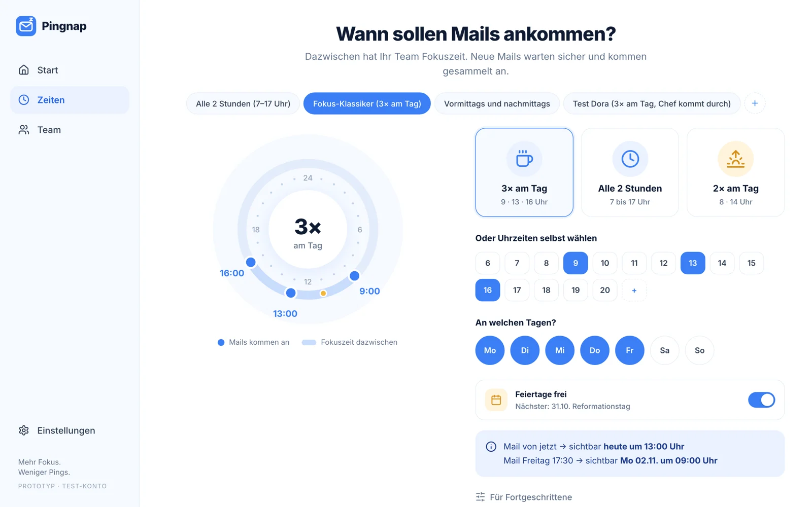Zustellzeiten einstellen: Vorlagen, Uhrzeiten, Wochentage, Feiertage